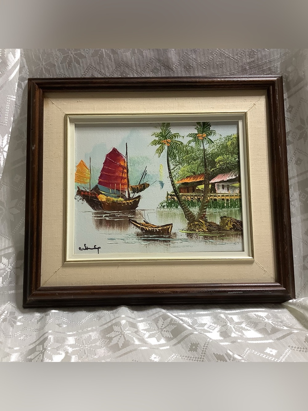 Oil Painting Chinese Junk Boat Vintage Artist C Chang